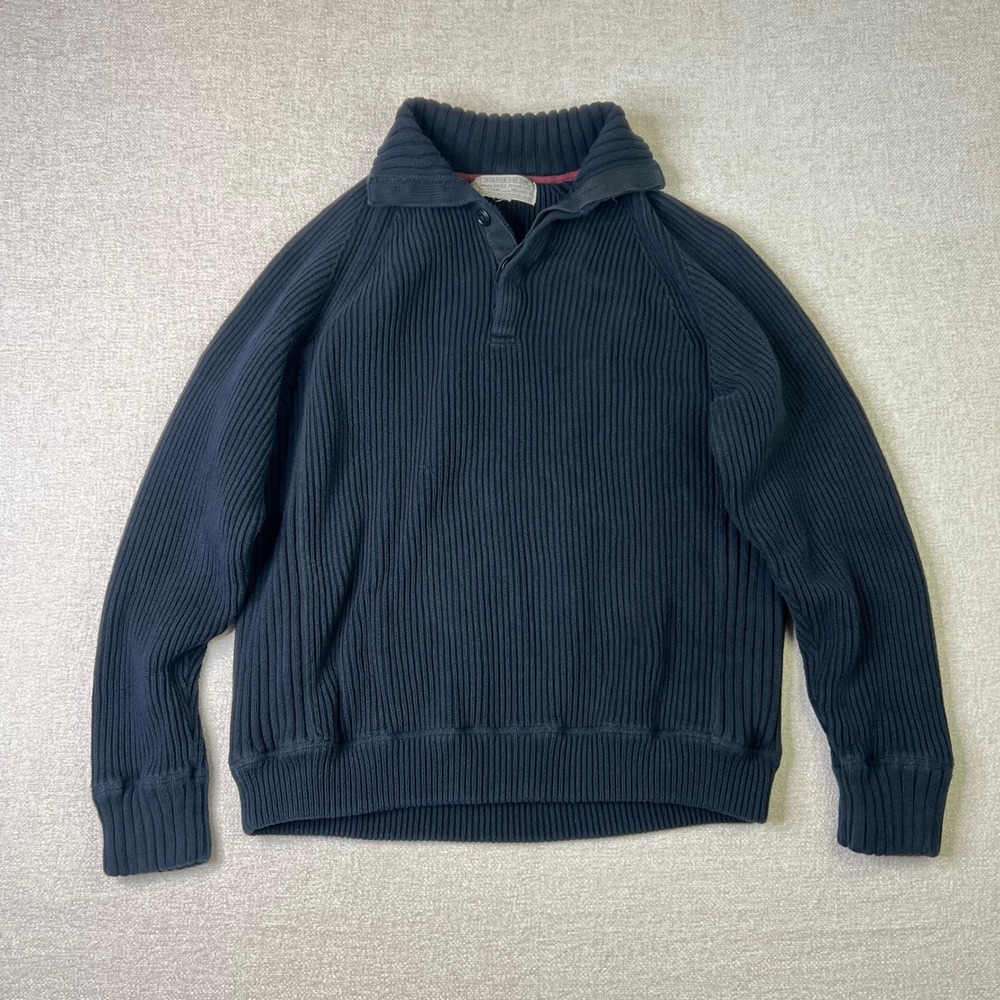 Lucky Brand Mens XL Navy Blue Ribbed Knit Mock Neck Button Sweater Fisherman